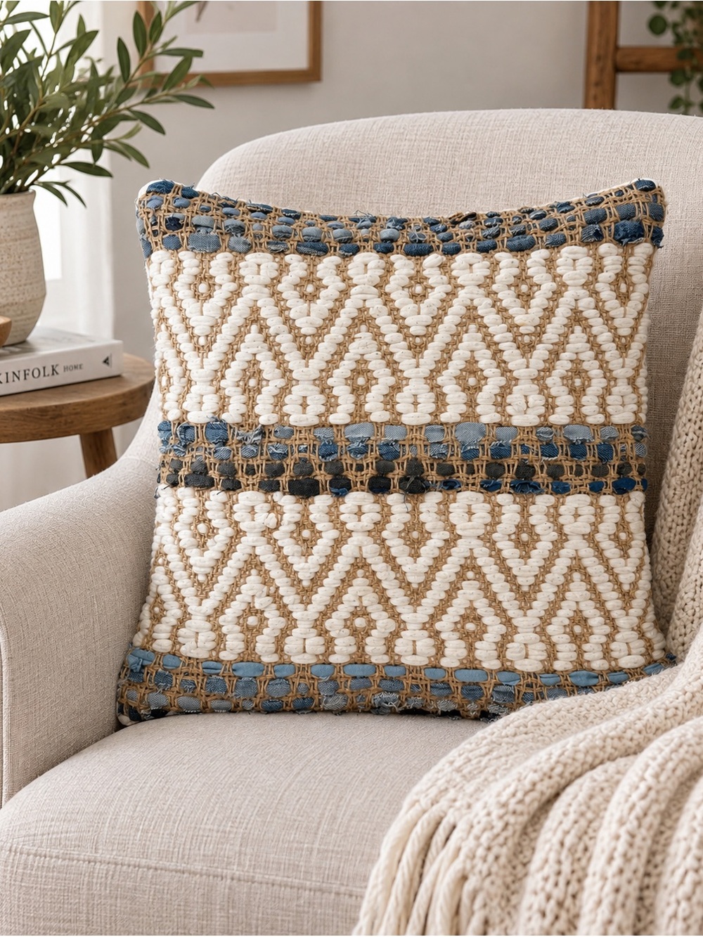 Merchant 41 18x18 Boho Woven Jute Denim Throw Pillow Cover Geometric Blue Cream